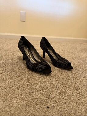 ANDREW GELLER Black Peep-Toe Heels with Rhinestone Detail